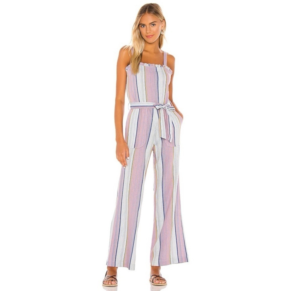 Chaser Smocked Ruffle Cami Jumpsuit in Stripe Size Medium